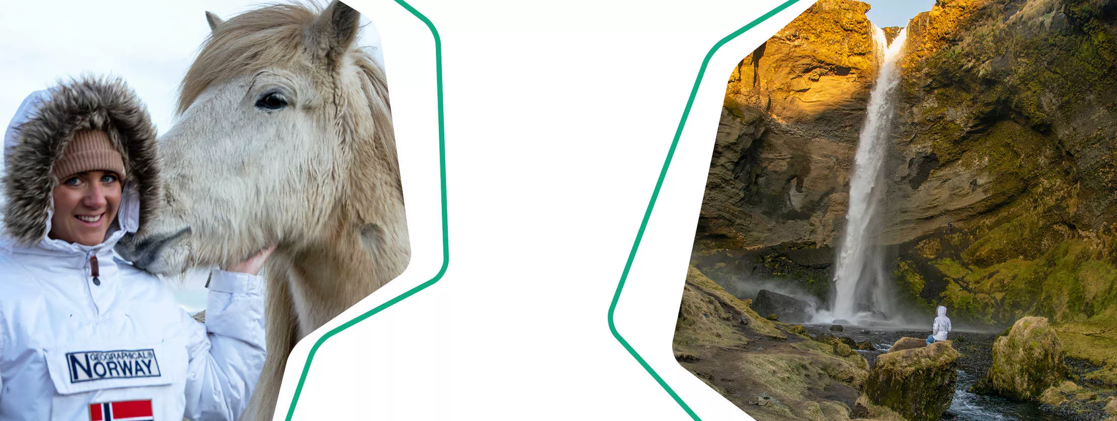 Patientin Louisa mit einem Pferd und vor einem Wasserfall