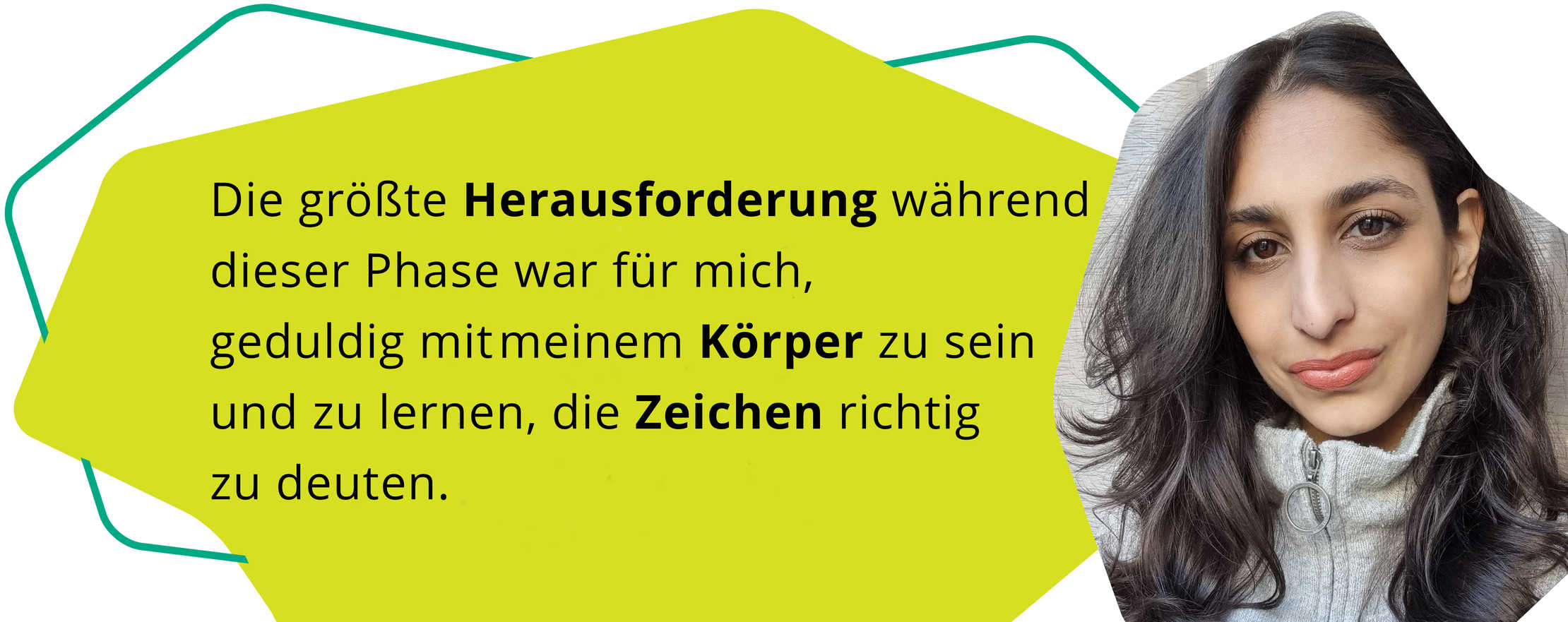 MS&ich: Patienten berichten Zitat von Shi: Die größte Herausforderung während dieser Phase war für mich, geduldig mit meinem Körper zu sein und zu lernen, die Zeichen richtig zu deuten.
