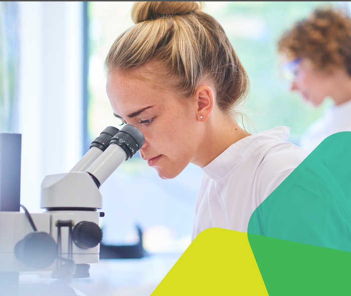 Eine junge Frau im Labor blickt konzentriert durch ein Mikroskop.