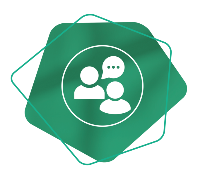 Grünes Icon, das zwei sprechende Personen darstellt – Symbol für Arzt-Patient-Gespräch.