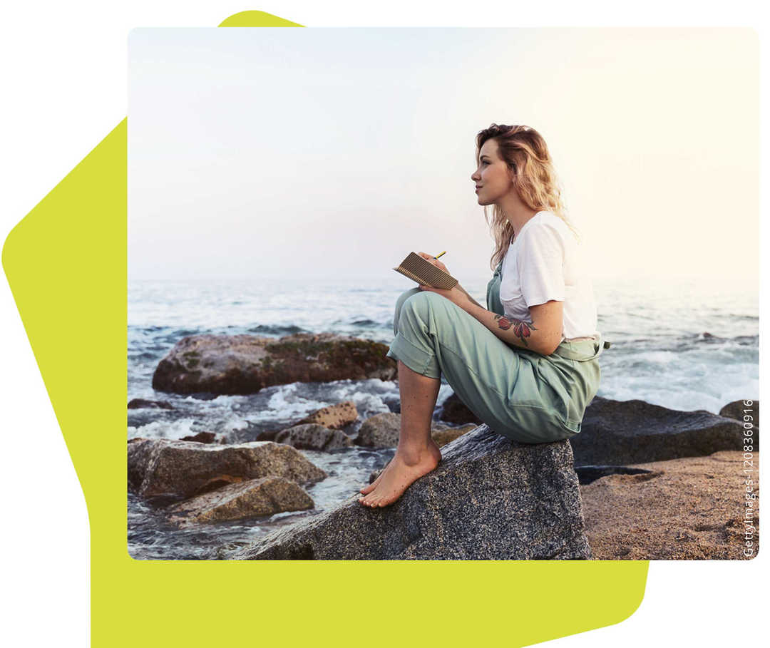Das Bild zeigt eine Frau auf einem Felsen am Strand