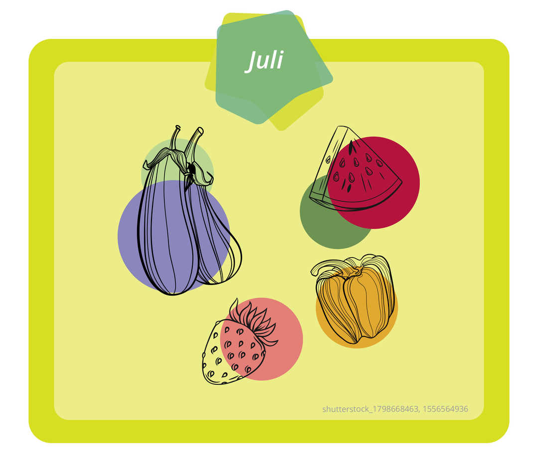 Auf dem Bild sind eine Aubergine, ein Stück Wassermelone, eine Paprika und eine Erdbeere grafisch dargestellt.