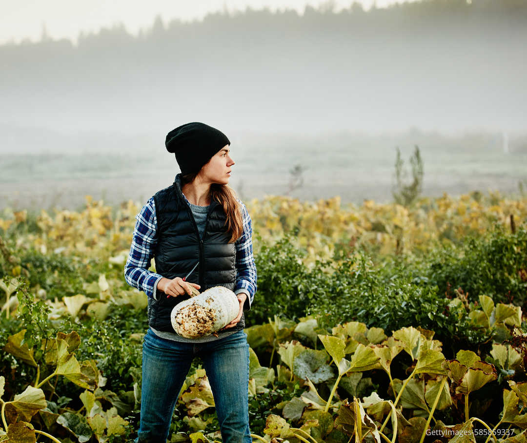 Eine Frau in einem Feld mit Gemüse in der Hand.